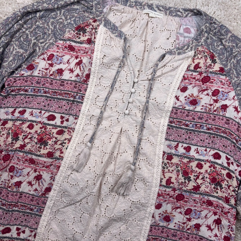 Farmers Market Top Women 2X Multi Boho Lace Paisley Floral Tassel Blouse